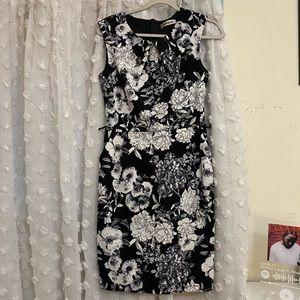 Mystic Black White Floral Waffle fabric fitted Midi Dress business casual